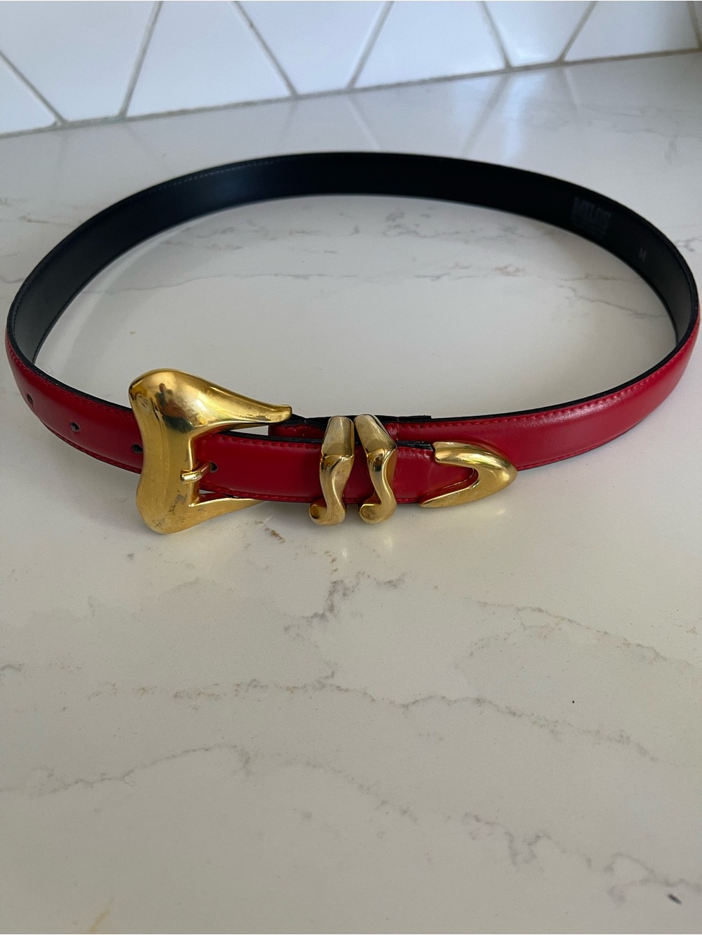 Vintage Red Leather Belt with Sculptural Gold-Tone Buckle